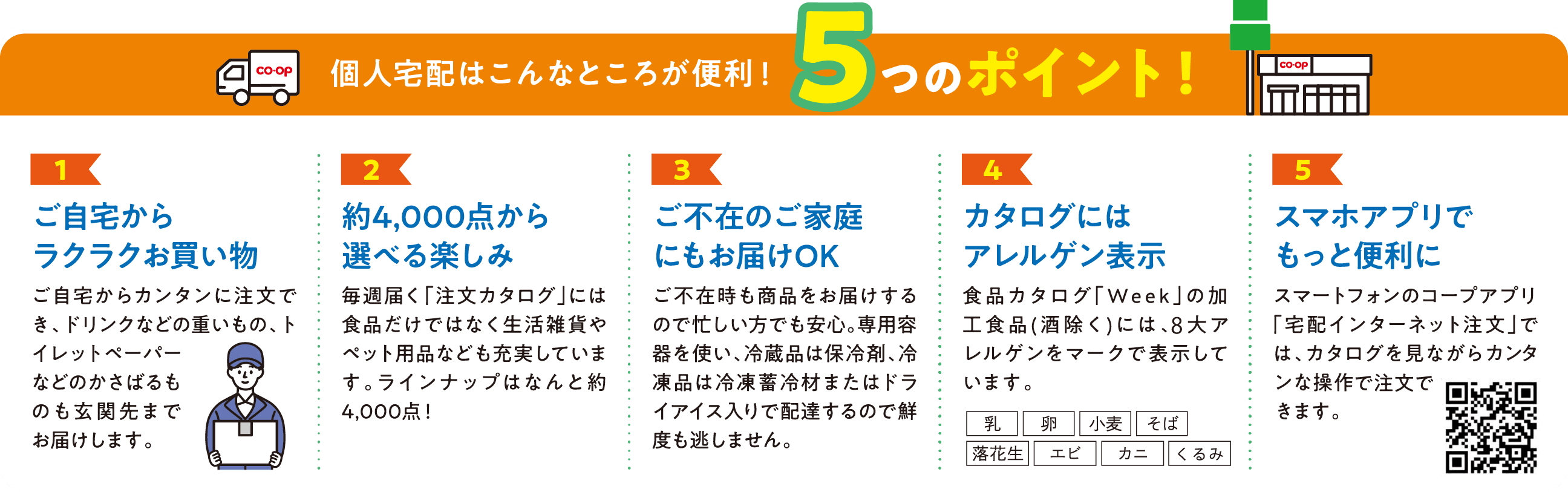 個人宅配はこんなところが便利！5つのポイント 1.ご自宅からラクラクお買い物 2.約4,000点から選べる楽しみ 3.ご不在のご家庭にもお届けOK 4.カタログにはアレルゲン表示 5.スマホアプリでもっと便利に